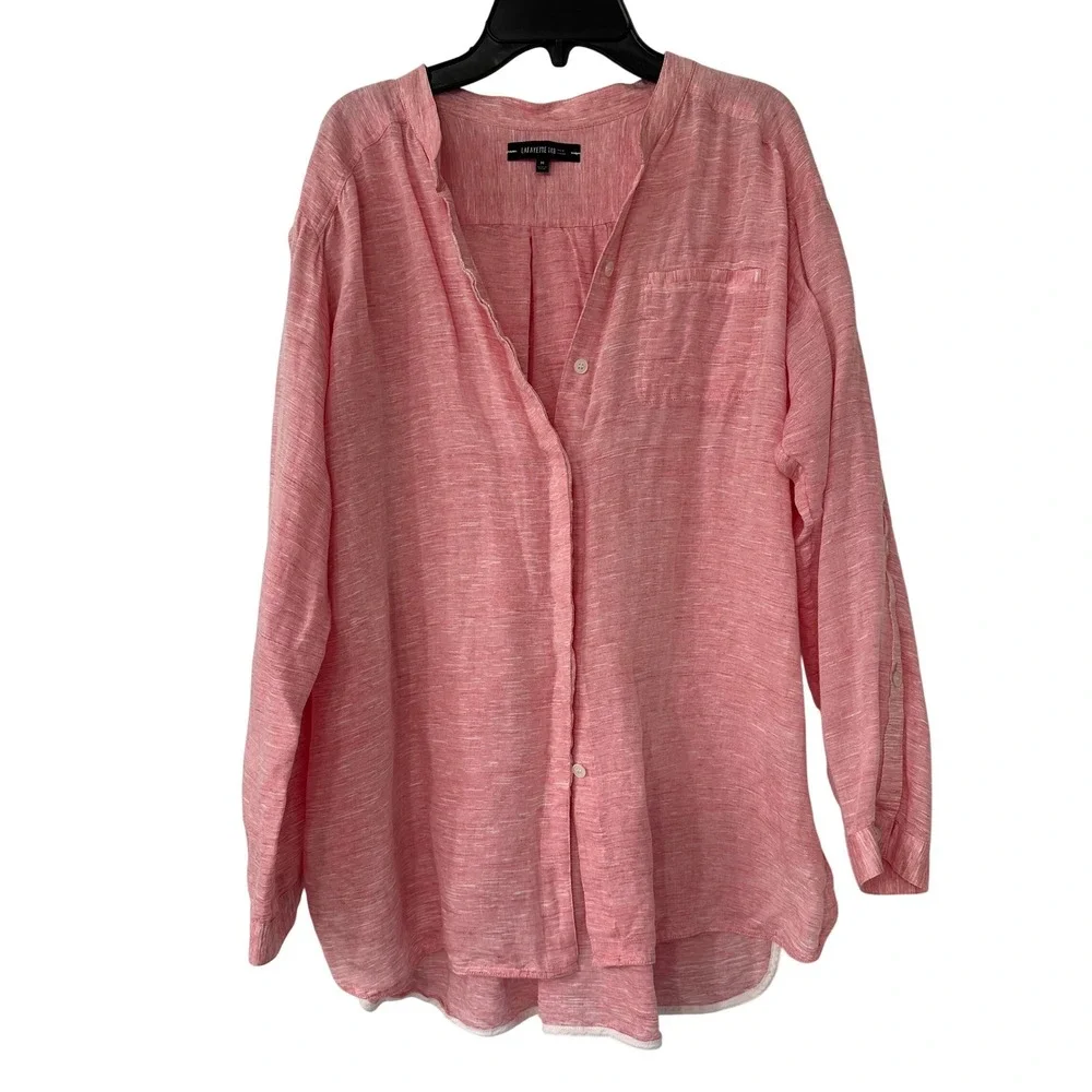 Lafayette 148 New York Coral Pink Slub Linen Button Down Shirt Band Collar Sz M - Picture 1 of 3
